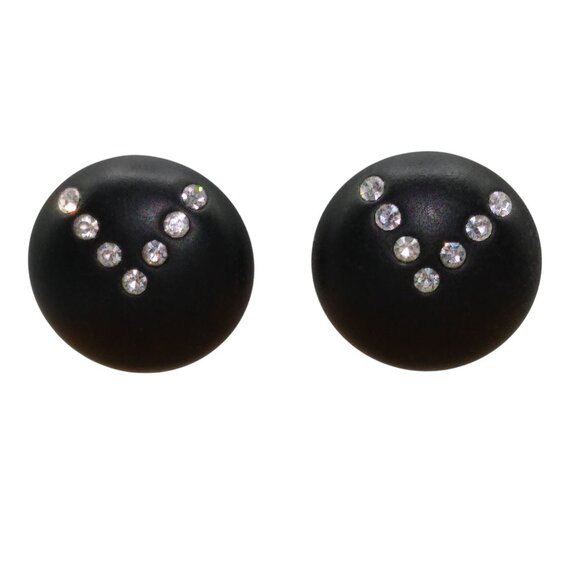 Avon Black Tie Lucite Button Earrings, Vintage Clear Round Inset Rhinestone - Picture 1 of 3
